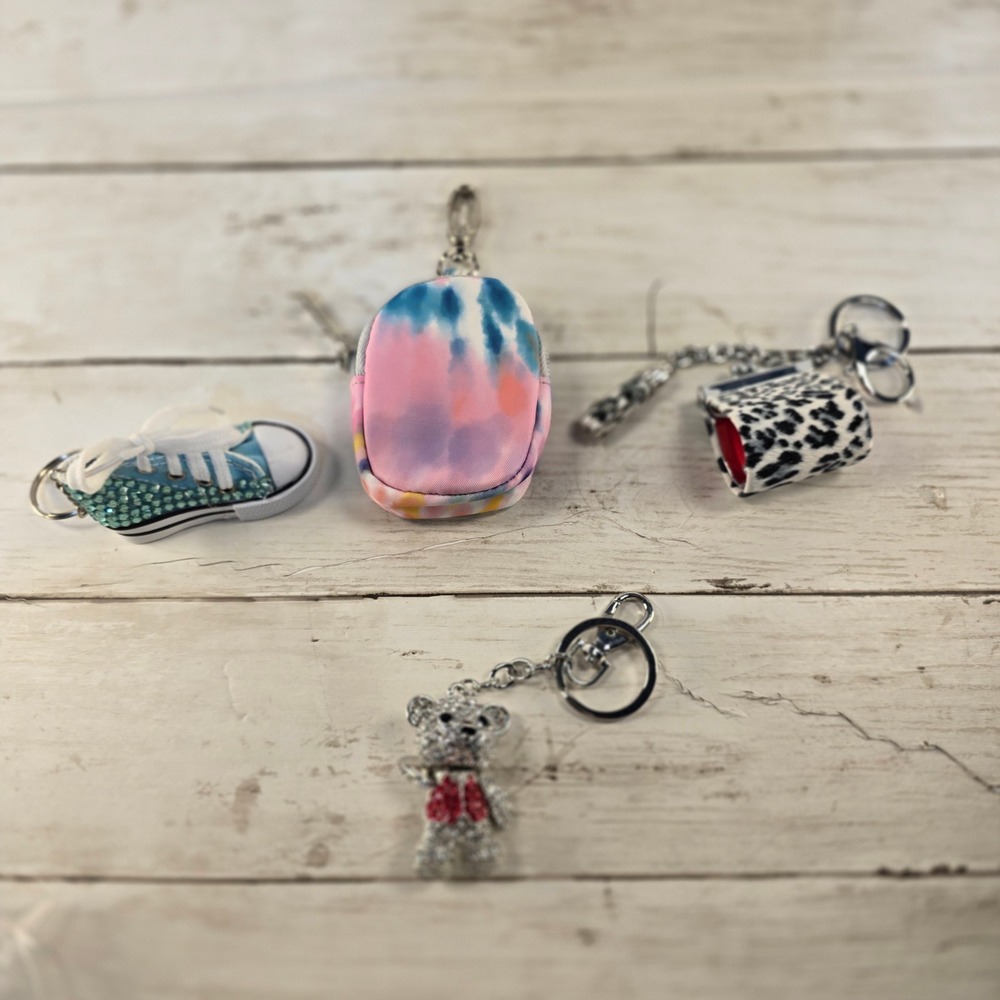 Bundle of 4 Rhinestone Sneaker Teddy Bear Tie Dye Pouch‎ Leopard Keychain Charms